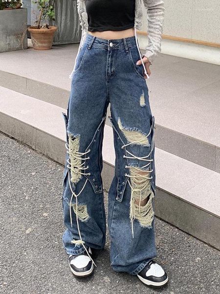 Jeans para mujer Hip Hop Hole Mujeres Streetwear Retro Loose Y2K Pantalones de mezclilla American High Cintura Otoño Casual BF Harajuku Pantalones