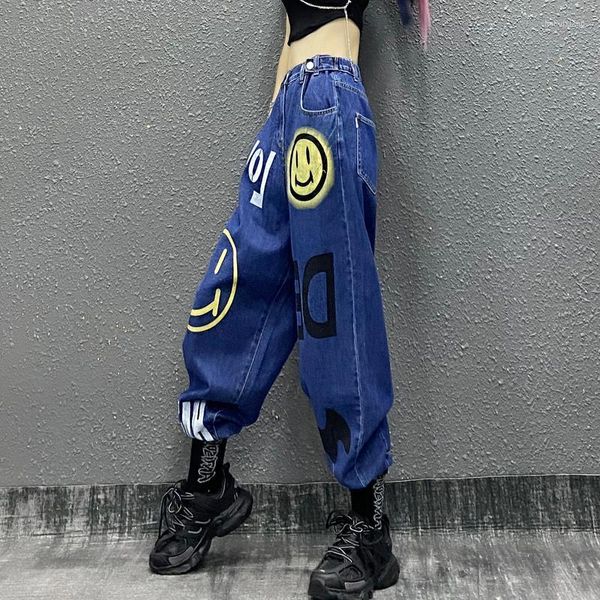 Jean Hip Hop pour femmes, pantalon gothique pour petit ami, taille haute, Cool, Harajuku, imprimé sourire, pantalon coréen, Steeetwear