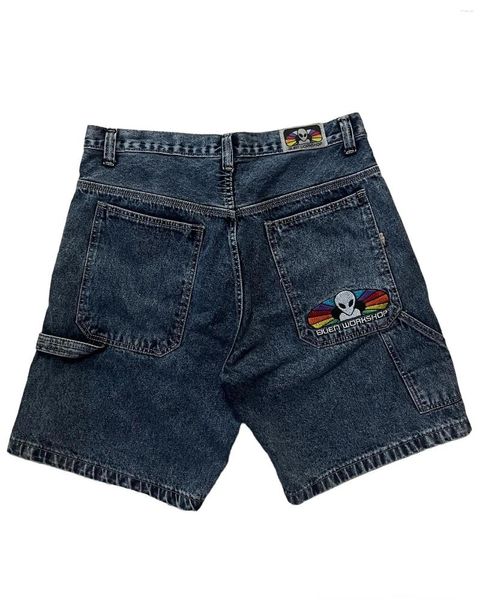 Jeans femeninos hip hop retro alienígena gráfico pantalones cortos de bordado y2k hombre holgado de mezclilla gimnasio haruku baloncesto corto