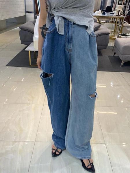 Jeans pour femmes Hit Couleur Femmes Vintage Trous Ripped Taille réglable Denim Pantalon Hiphop Streetwear Mode Harajuku Baggy Pantalon Femme
