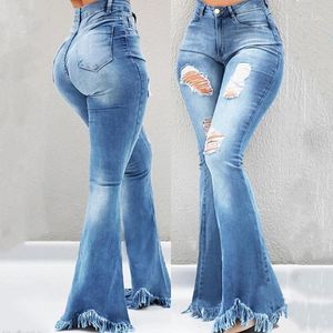 Jean femme trou taille haute évasé avec poches 2021 Streetwear gland Sexy dames pantalon cloche bas maigre Denim Jean pantalon