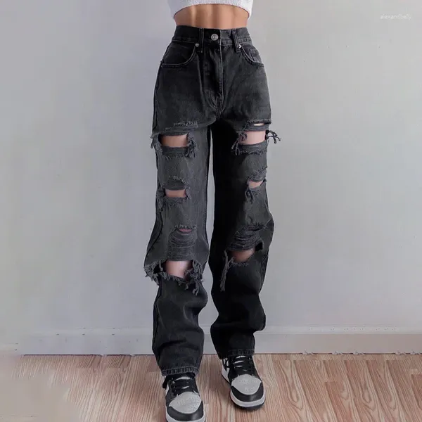 Jeans para mujer Agujero rasgado Mujeres desgastadas Negro Casual Hip Hop Pantalones de cintura alta Capris Bolsillo Recto Damas BF Pantalones de mezclilla