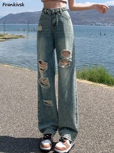 Damesjeans Gat Dames Uitgehold Knoop Gebleekt Gescheurd Volledige lengte Recht All-match High Street Fashion Casual Zomer Koreaanse stijl