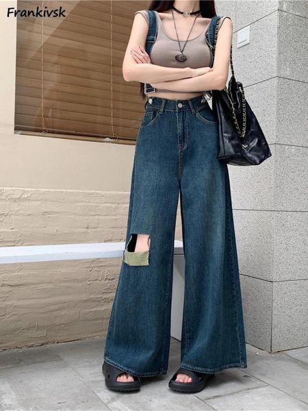 Jeans de mujeres Hole Mujeres Denim sueltas Summer estilo japonés Moda sólida sólida Harajuku Diario de tobillo tirantes de tiempo libre