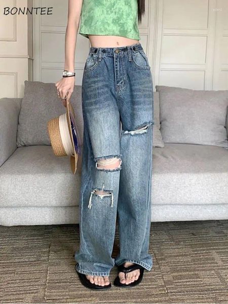 Jeans pour femmes Trou Femmes Déchiré Rétro Taille Haute Tendance Streetwear Lâche Tout-Match Pantalon Large Jambe Sexy Loisirs Quotidien Ulzzang Design