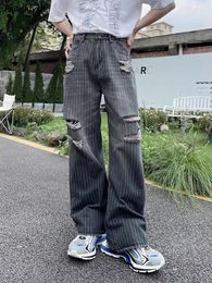 Dames jeans gat vrouwen gestreepte vintage volledige lengte wijd lengte wide been Japanse stijl elegante herfst all-match streewewee frayed mode denim