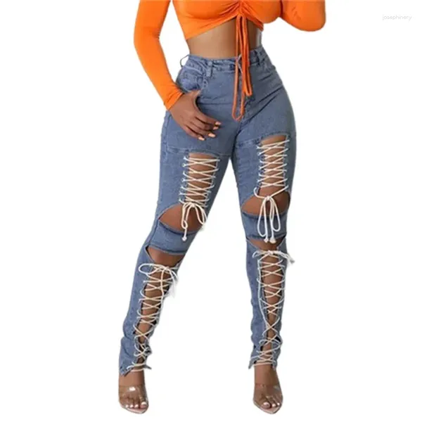 Jeans pour femmes évider oeillet cordon de serrage à lacets femmes été taille haute coupe crayon denim pantalon femme pantalon tendance streetwear