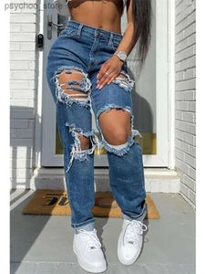 Damesjeans Holle gescheurde rechte jeans Dames Blauw Punk Baggy Hoge taille Moeder Vriendje Denim Gat Koreaanse oversize streetwear broek Q230904