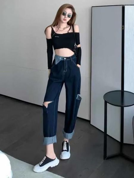 Jeans pour femmes Style Hong Kong trou déchiré ample surdimensionné pour l'été à la mode taille haute jambe large papa pantalon