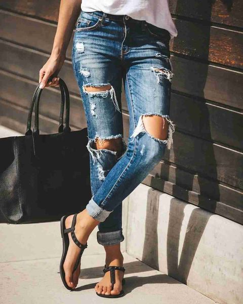 Jeans Femme Vente chaude femme déchiré jeans mode tendance stretch slim denim jeans rue pantalon crayon décontracté S-2XL livraison directe 24328