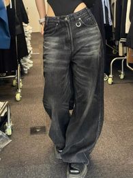 Jeans femme HOUZHOU Vintage noir jambe large femmes surdimensionné haute rue mode coréenne Baggy Denim pantalon Grunge Y2k femme Hip Hop 230224