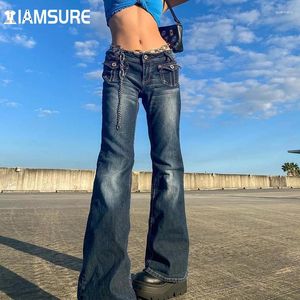 Jeans pour femmes Iamsure Poches Low Waited Vintage Flare Pantal