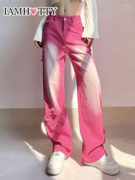 Jeans de mujer IAMTY Star Patch Designs Pink Tie Dye Print Estética Pierna ancha Pantalones de mezclilla casuales Mujeres Estilo coreano Pantalones lindos 2023