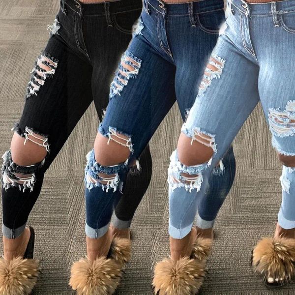 Jeans pour femmes Style Indie Mode coréenne Femmes Midi-Taille Solide Couleur Ripped Trou Gland Stretch Denim Crayon Pantalon Long Pantalon Casual