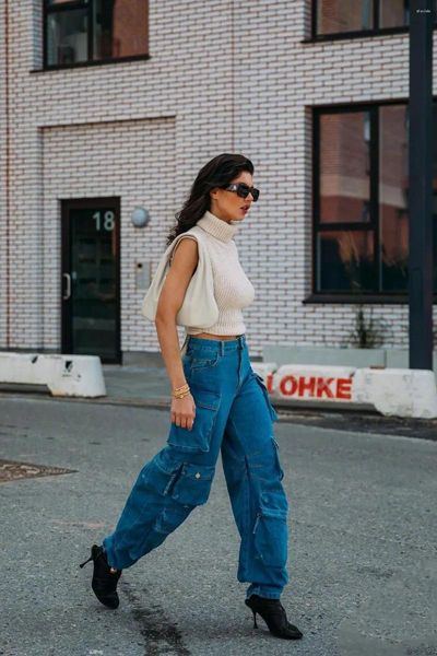 Jeans pour femmes INS American High Street Girl Outillage Femme Été 2023 Net Rouge avec la même grande poche Vieux pantalon rétro