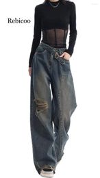Jeans para mujer Ins Irregular Borde irregular Rasgado Mujeres American Washed Retro Pierna recta Pantalones casuales anchos