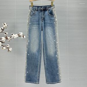 Dames jeans ins letter Rhinestone 2024 lente en zomer kleding hoge taille losse all-match brede been broek broek broek