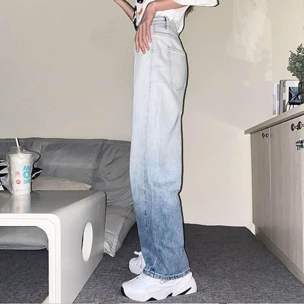 Jeans femme Ins rétro dégradé hommes femmes Bf Style 2022 printemps ample mince taille haute Denim pantalon droit Cool bleu ciel