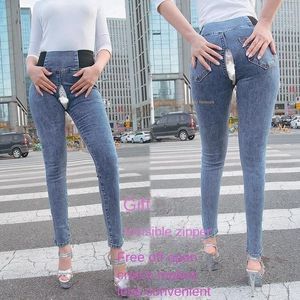 Jeans femme Invisible fermeture éclair complète Leggings maigres entrejambe ouvert sexe en plein air Couple d'urine pantalon pratique taille haute Sexy