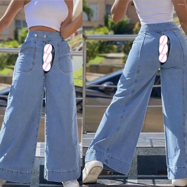 Jeans pour femmes invisibles entrejambe ouverte sexe en plein air grande taille été baggy femmes pantalons à jambes larges copain denim pantalon streetwear