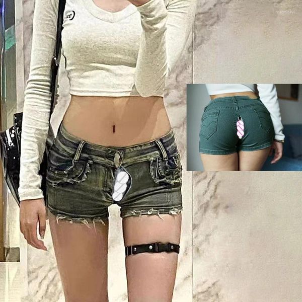 Jeans pour femmes invisible ouverte entrejambe extérieur sexe y2g rivet mini short pantalon d'été basse taille