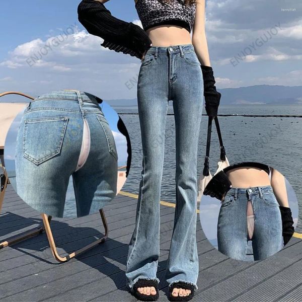 Jeans invisibles pour femmes, entrejambe ouvert, sexe en plein air, taille haute, évasé, Slim, rétro, Micro pantalon