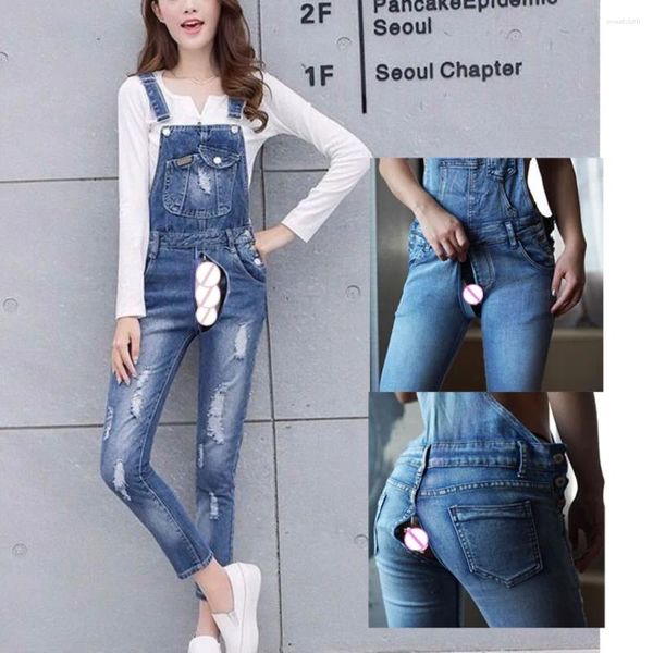 Jean Invisible ouvert pour femmes, pantalon sexuel d'extérieur, petit ami, bretelles d'été décontractées, trous amples, combinaison en Denim, Streetwear Baggy