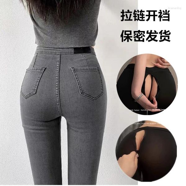 Jeans pour femmes, fermeture éclair Invisible, entrejambe ouvert, grande taille, Leggings taille haute, pantalon de Fitness, pantalon Sexy