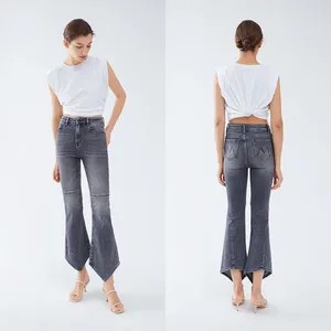 Jeans para mujer IOO 2023 Cintura alta Estiramiento que forma los pantalones acampanados finos Vegetariano Gris Cien con mezclilla irregular Envío gratis