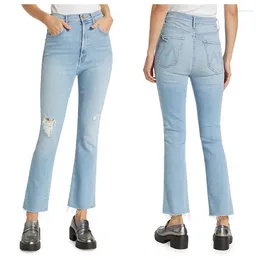 Jeans de mujer IOO 2024 Primavera y verano de cintura alta azul claro deshilachado borde suelto micro llamarada de nueve puntos