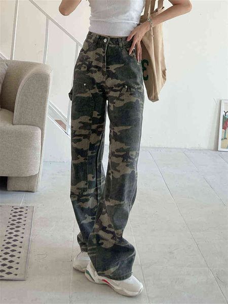 Jeans de mujer Irabeezt Cool Hot Girl Jeans Mujeres Retro American Army Green Camuflaje Jeans Mujer Suelta Cintura alta Pierna ancha Pantalones rectos T220825