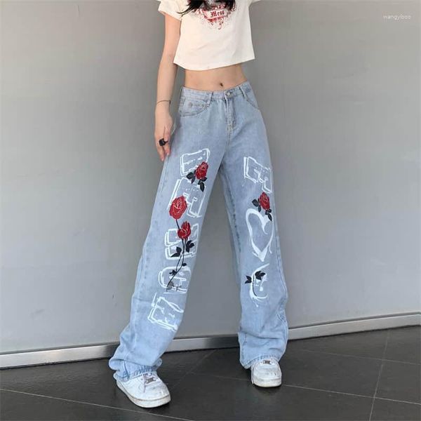 Jeans para mujer IRabeezt Pantalones Vintage Mujeres Pantalones de mezclilla Imprimir Letras Rose Otoño High Street Unisex Flojo Recto Ancho Pierna