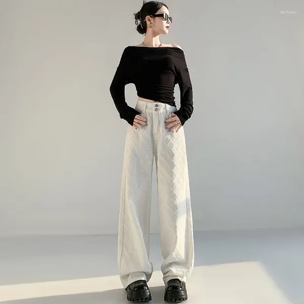 Jeans pour femmes jacquard blanc lâche haute taille droite de la jambe large pantalon denim de street