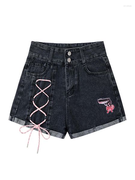 Jeans pour femmes japonais Chic Bandage Bow Denim Shorts doux mignon dessin animé broderie fille Kawaii Y2k taille haute frisé court été Streetwear