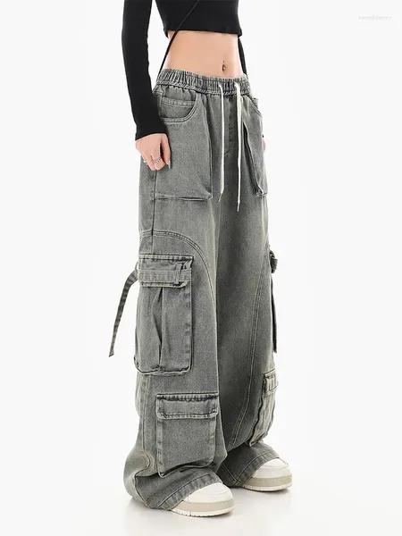 Jeans pour femmes Streetwear japonais Mode Baggy Cargo Pantalon Hiphop Taille élastique Lâche Casual Pantalon bleu classique Design vintage