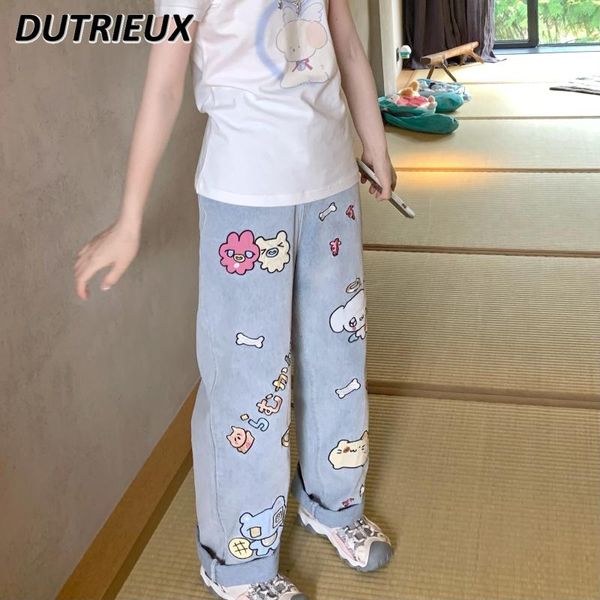 Jeans pour femmes de style japonais caricaturé printanière de pâte animale en tissu de pâte de pâte de pâte doux mignonnes mignonnes et droite pour les femmes