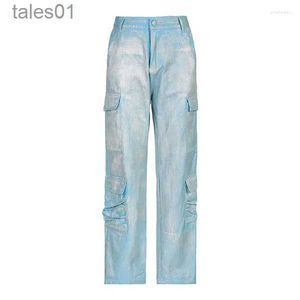 Jeans para mujer Jeans recubiertos Gloy Deign Waited Tyle TraighT Tube Plicing Bolsillo múltiple Industria pesada Tendencia Fahionable Denim 240304