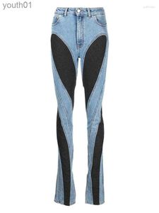 Damesjeans Jeans Slim Deconstruct Panelen Patchwork Hoge taille Split Blauwe Lange Denim Broek Herfst 240304