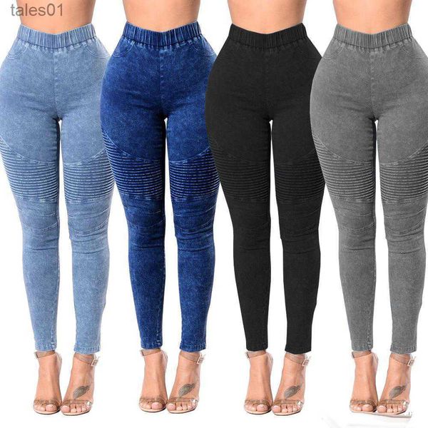 Jeans pour femmes Jeans Pantalon en denim solide Taille plissée Créateur de mode Sexy Hip Hop Clubwear 2XL 240304