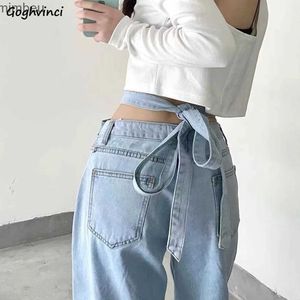 Dames Jeans Jeans Dames Bandage Chic Effen Vintage Losse Rechte Hoge Taille Sjerpen Sexy Dweilen Denim Broek Hip Hop Streetwear KoreaansC24318