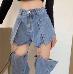 Женские джинсы Джинсы женские прямые свободные узкие брюки с высокой талией весенние тонкие дизайнерские съемные шорты Harajuku Kpop s615 230325