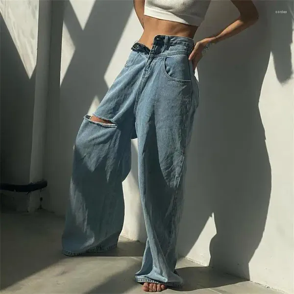 Jeans pour femmes Jeanswomen's 2023 Automne Spicy Girls Streetfashion Personnalisé Splice Mesh Rouge Flip Taille Large Jambe Perforée