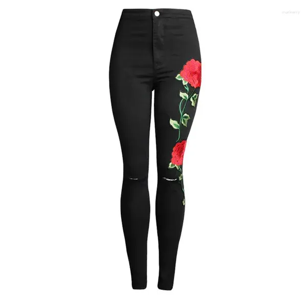 Jeans para mujeres Jeansswomen's Autumn Spicy Girls Street Fashion Flower Flower 3D Bordado de cintura alta perforada Jea