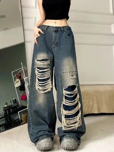 Jeans pour femmes JMPRS Y2K Vintage Black Hole Femmes BF Taille haute Hip Hop Ripped Loose Wide Leg Pantalon coréen Denim droit