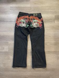 Damesjeans Jnco American Style Skulls Roses Borduurde Dark Tattoo Y2K Hip Hop Fashion Gothic High Taille Loose Casual