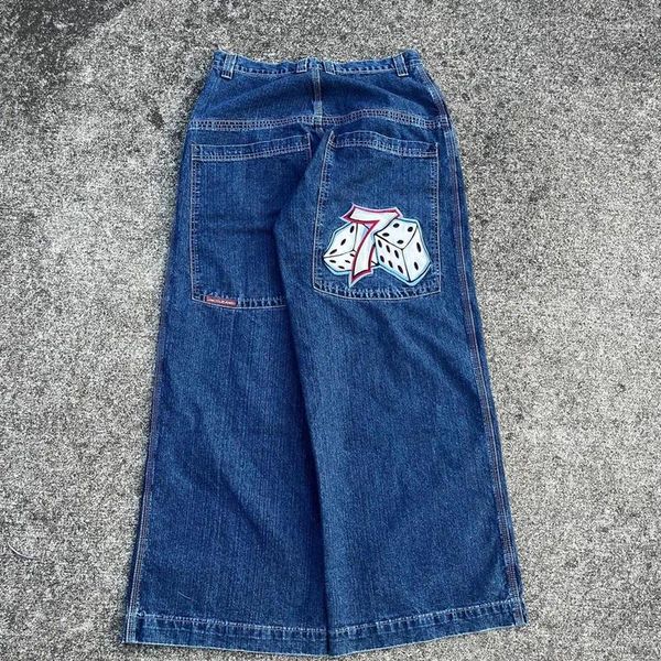 Jeans para mujer JNCO Hip Hop Tamaño 7 Patrón de dados Bordado Retro Street Blue Flojo para hombres y mujeres Pantalones anchos de cintura alta