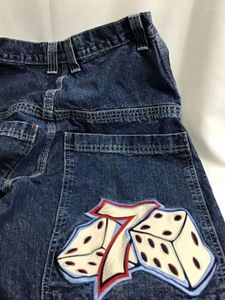 Dames Jeans JNCO Y2K Harajuku Hip Hop Lucky Dice Grafisch Geborduurd Retro Blauw Baggy Denim Broek Dames Hoge Taille Brede Broek