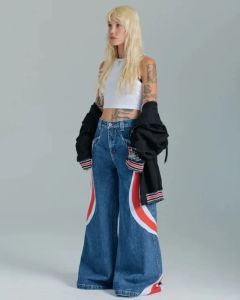 Jeans pour femmes jnco y2k féminins rayures motifs hypnotiques pantalons denim baggy haruku hip hop haut taille large pantalon de jambe