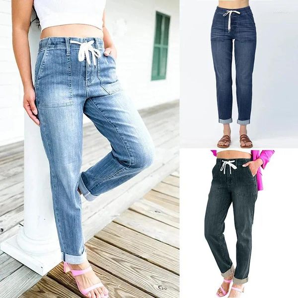 Jeans para mujer Pantalones de jogger Mujeres Elástico Sexy Flaco Lápiz Cintura Alta Cordón Pantalón Ropa Denim