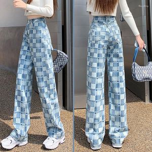 Jeans femme survêtement Plaid dames été Harajuku mode motif ample décontracté bleu jambe large hommes salopette Streetwear 2023